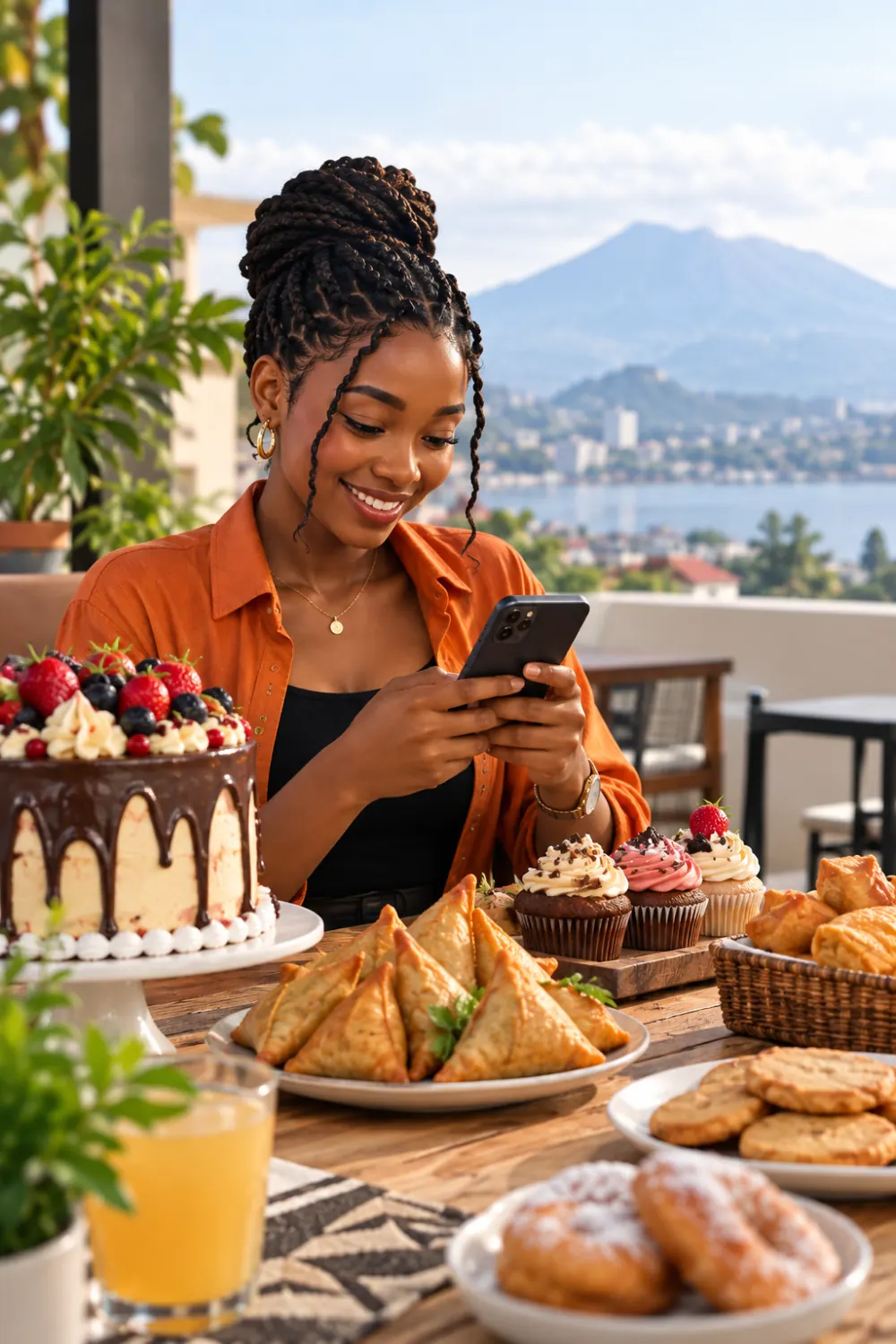 Une cliente commande sur YaQo, devant un gâteau, des samoussas et des cupcakes, avec le lac Kivu derrière elle