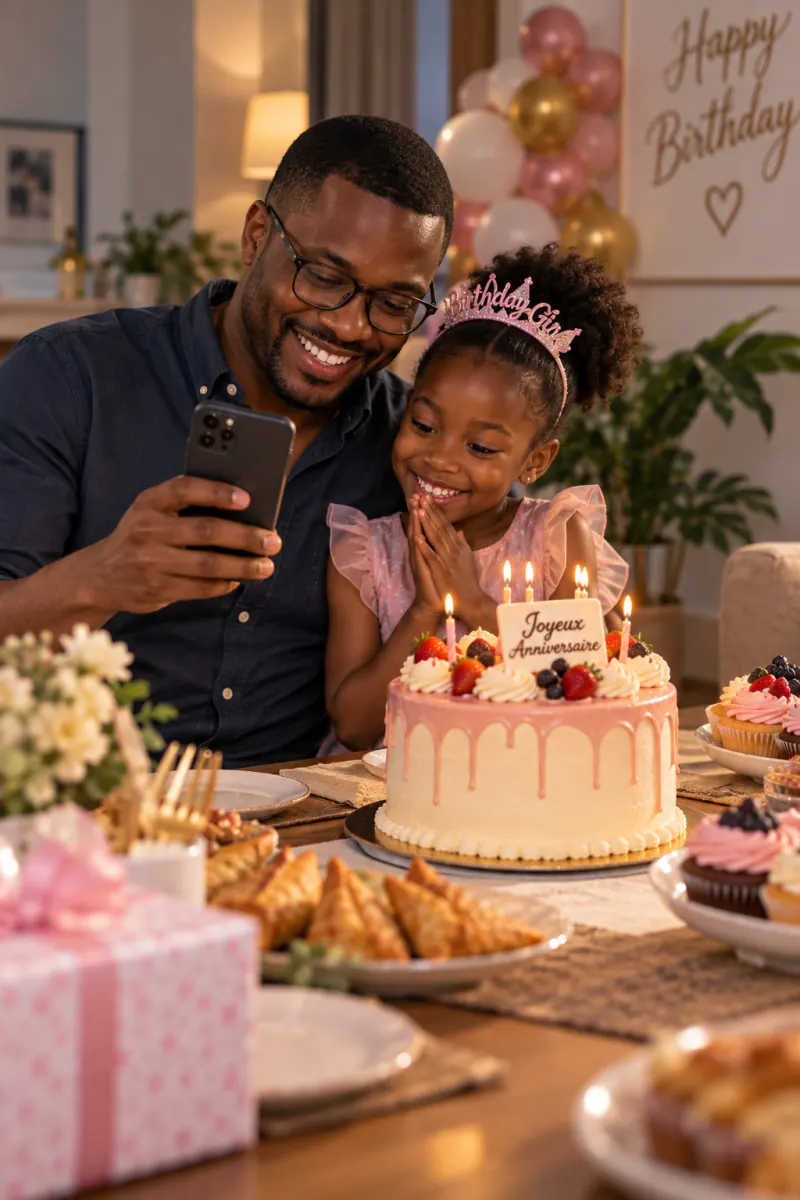 Un père et sa fille découvrent le gâteau d'anniversaire commandé sur YaQo
