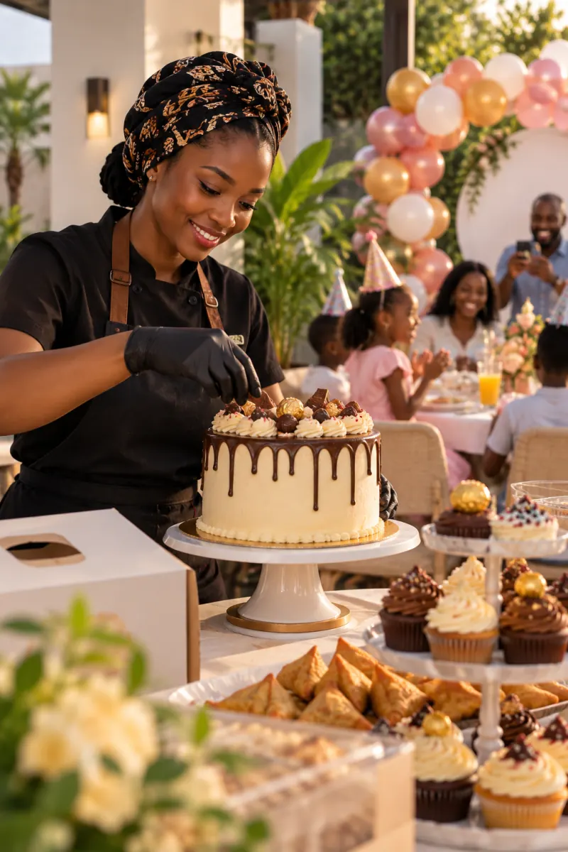 Une pâtissière dépose la dernière décoration sur un gâteau, lors d'une fête